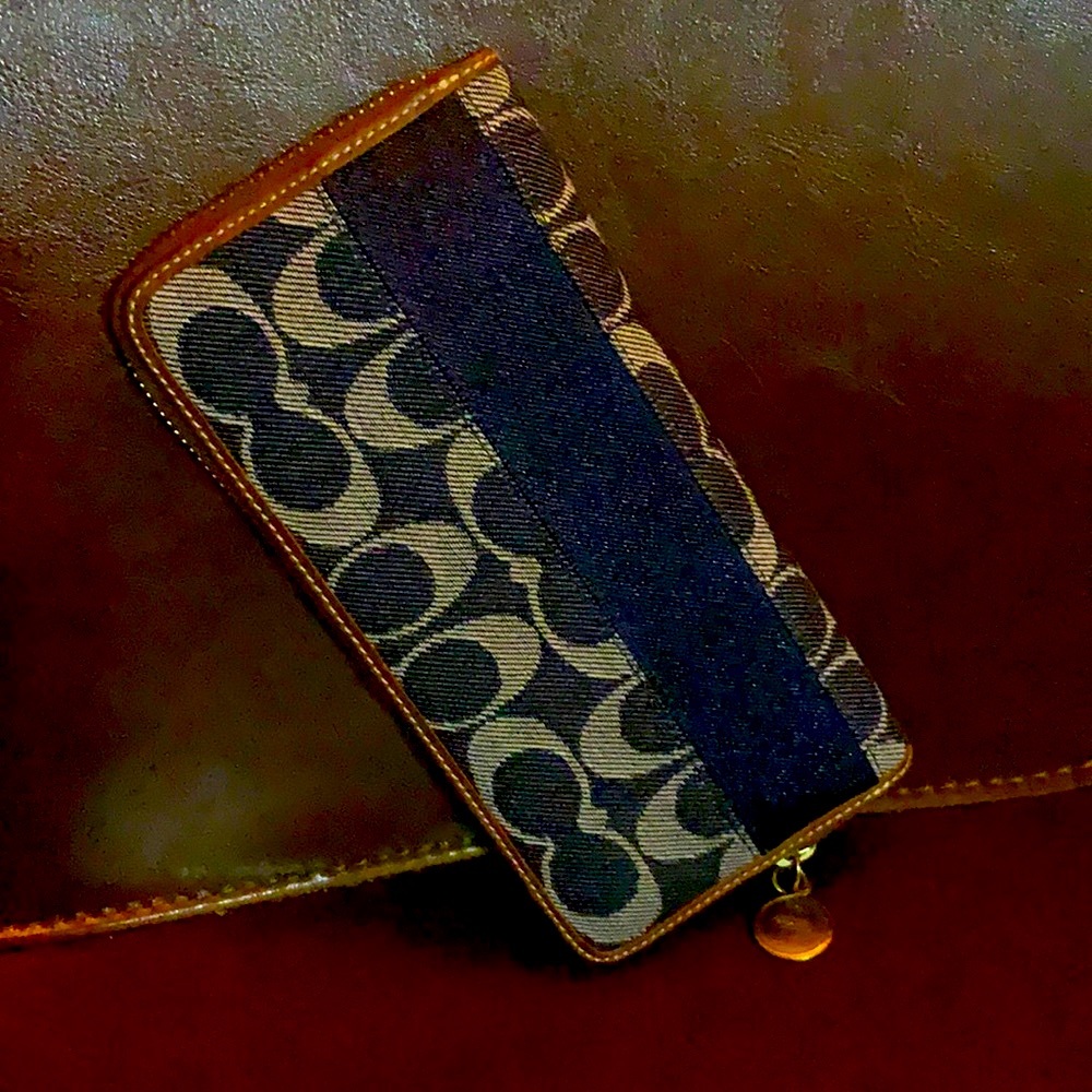“Coach” New Brown Leather Denim Logo Wallet Credit Cards Holder
